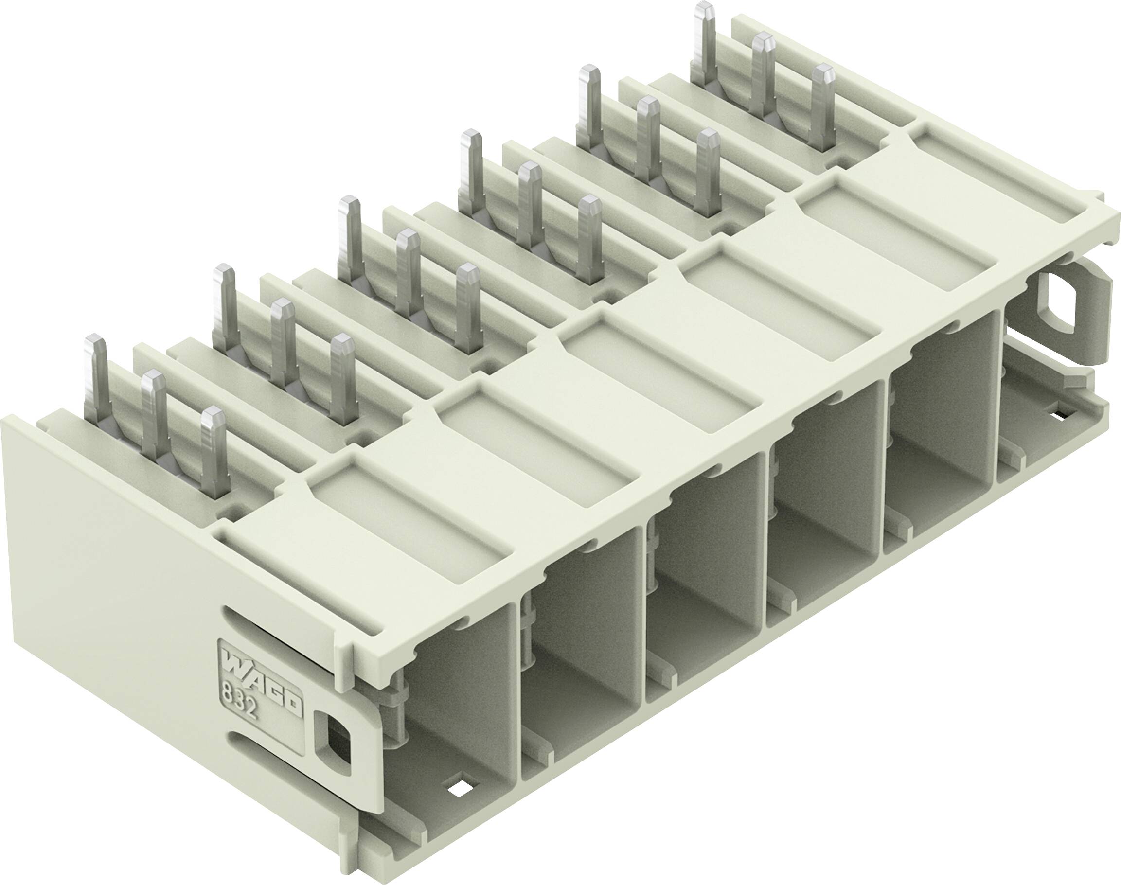 WAGO 892 Serie Durchführungsklemmenleiste mit mehreren Anschllusspunkten und silberfarbenen Metallstiften auf der Oberseite für elektrische Verbindungen.