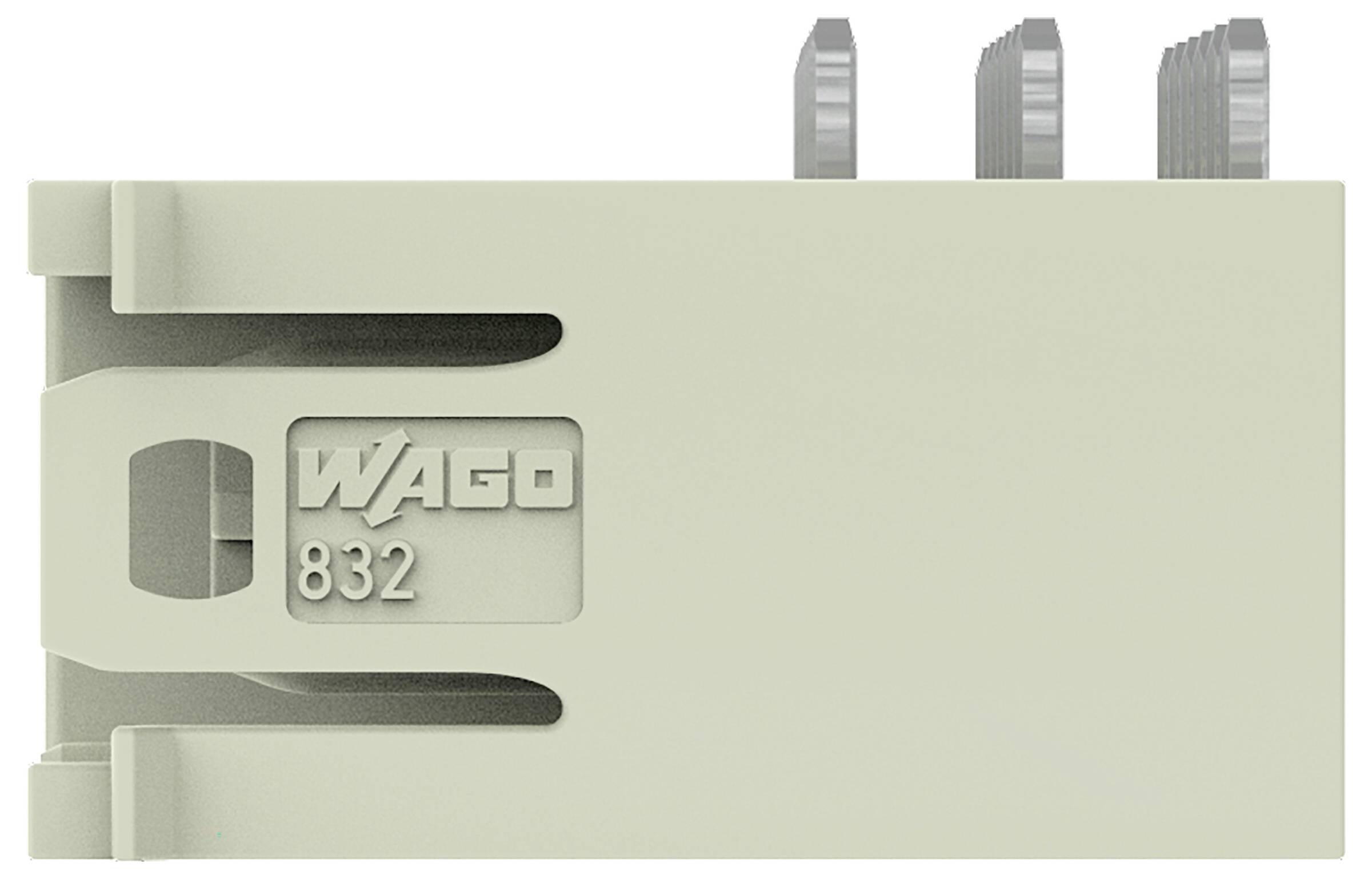 Eine Seitenansicht eines beigen WAGO 832 Elektrosteckers mit drei Schlitzen zur Drahteinführung, der zum Verbinden von elektrischen Komponenten verwendet wird.
