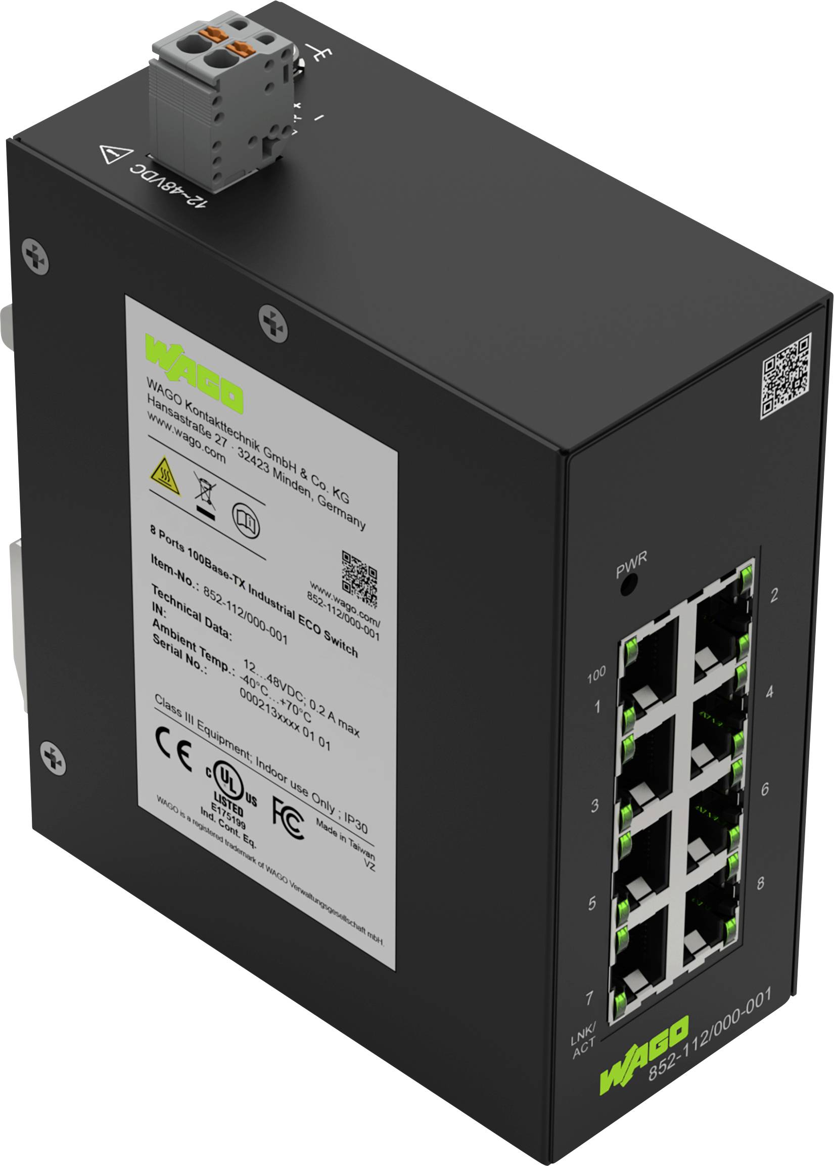 Ein schwarzer WAGO-Netzwerk-Switch mit acht Ethernet-Anschlüssen, gekennzeichnet mit technischen Spezifikationen auf der Seite.