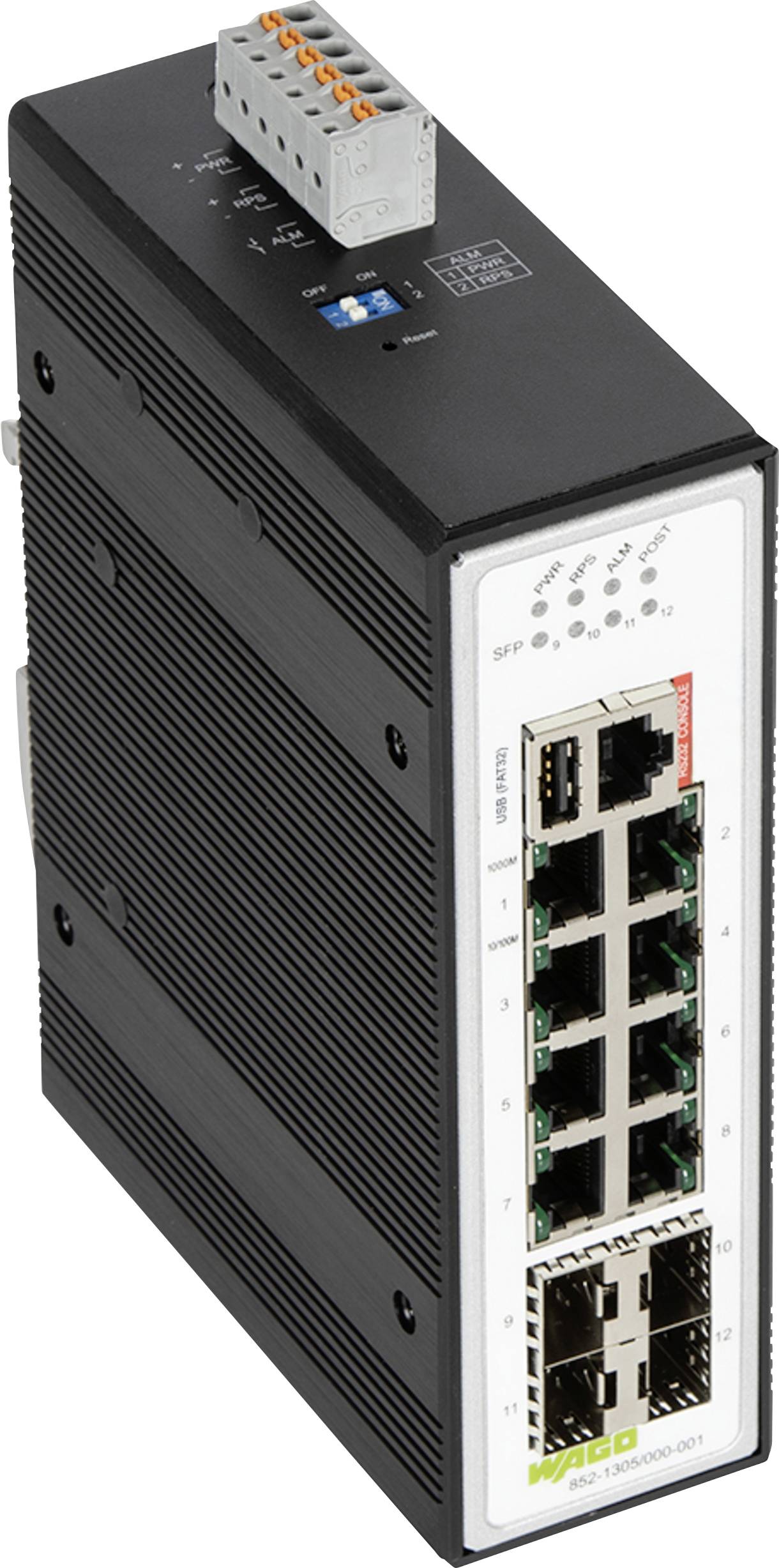 Industrie-Ethernet-Switch mit acht RJ45- und zwei SFP-Anschlüssen, schwarzes Gehäuse und Anschlussklemme für DIN-Schienenmontage.