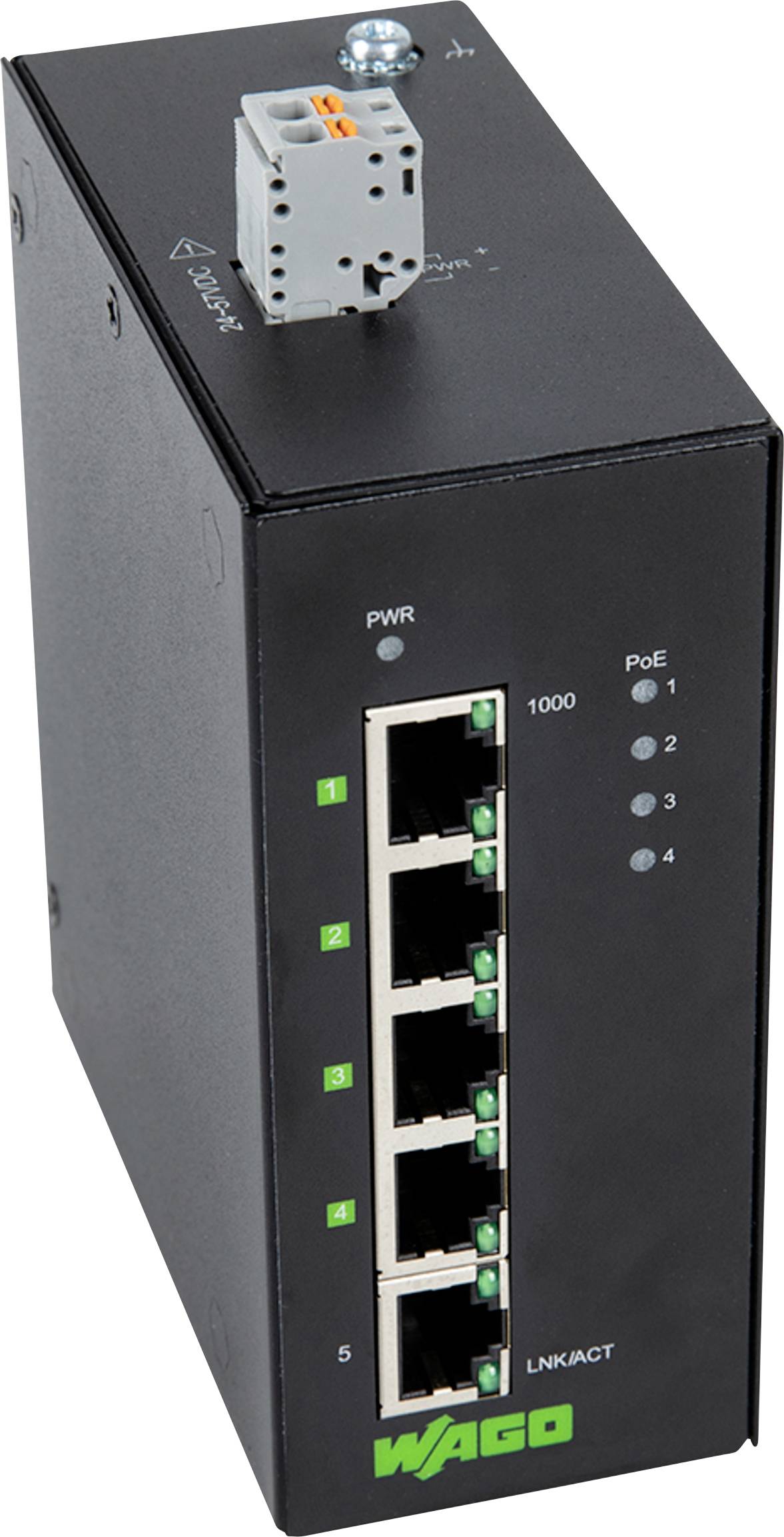 Industrie-Ethernet-Switch mit sechs Anschlüssen, einschließlich Power over Ethernet (PoE) Funktionen. Das Gerät ist schwarz mit Statusleuchten und mit „WAGO