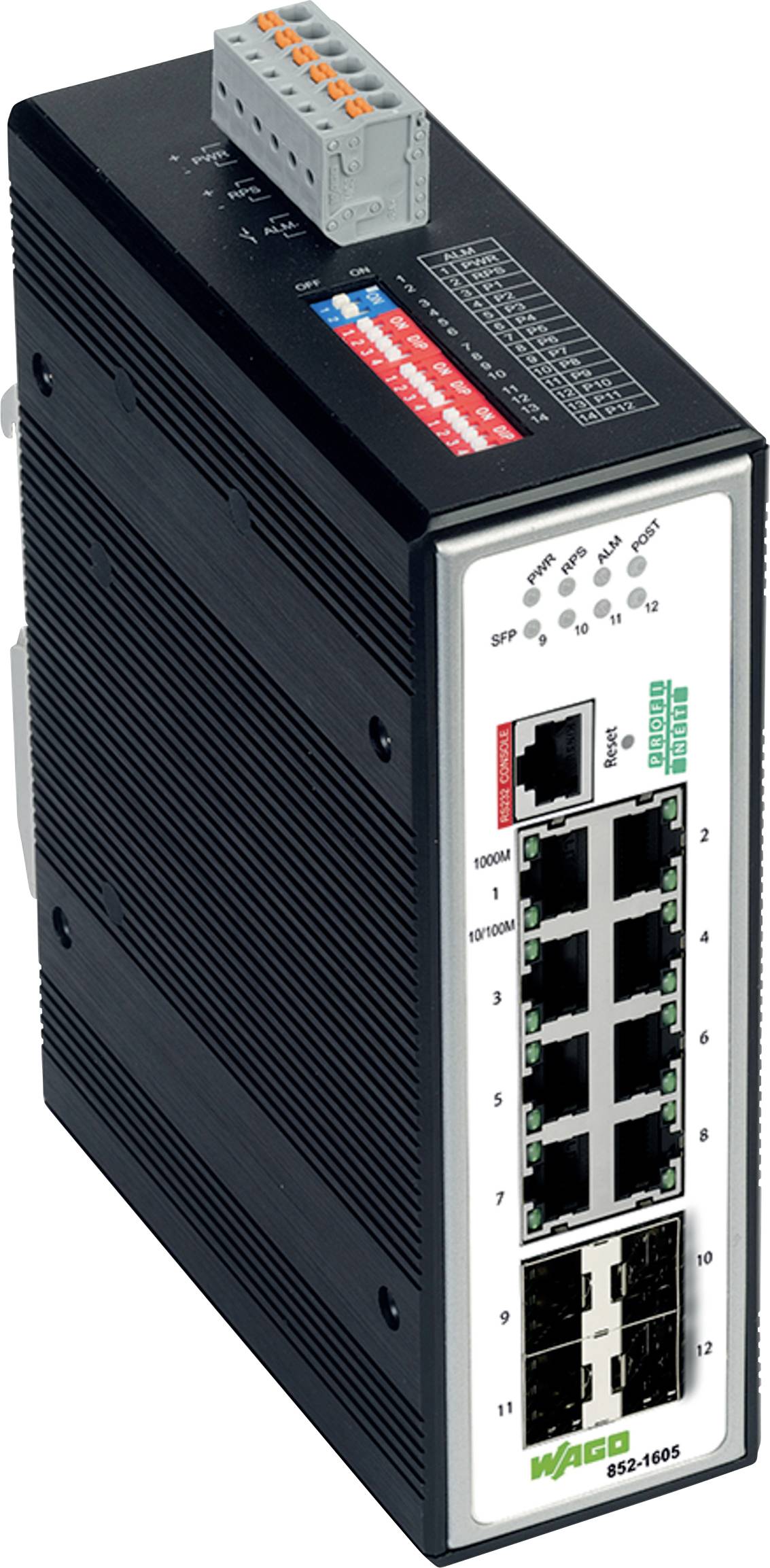 WAGO Industrial Ethernet Switch 852-1605 mit 8 Ethernet-Anschlüssen und 2 SFP-Steckplätzen, verwendet für Netzwerkverbindungen in industriellen Umgebungen.