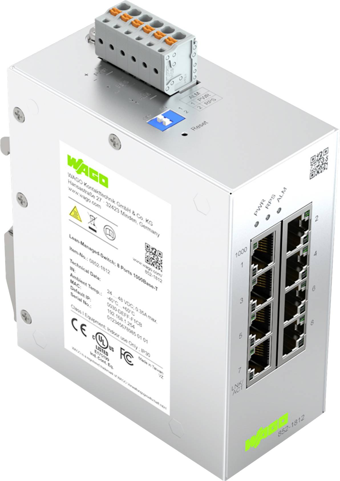 Ein silberner Netzwerk-Switch mit acht Ethernet-Anschlüssen. Ein Etikett zeigt produktbezogene Details wie Zertifizierungen und technische Spezifikationen.