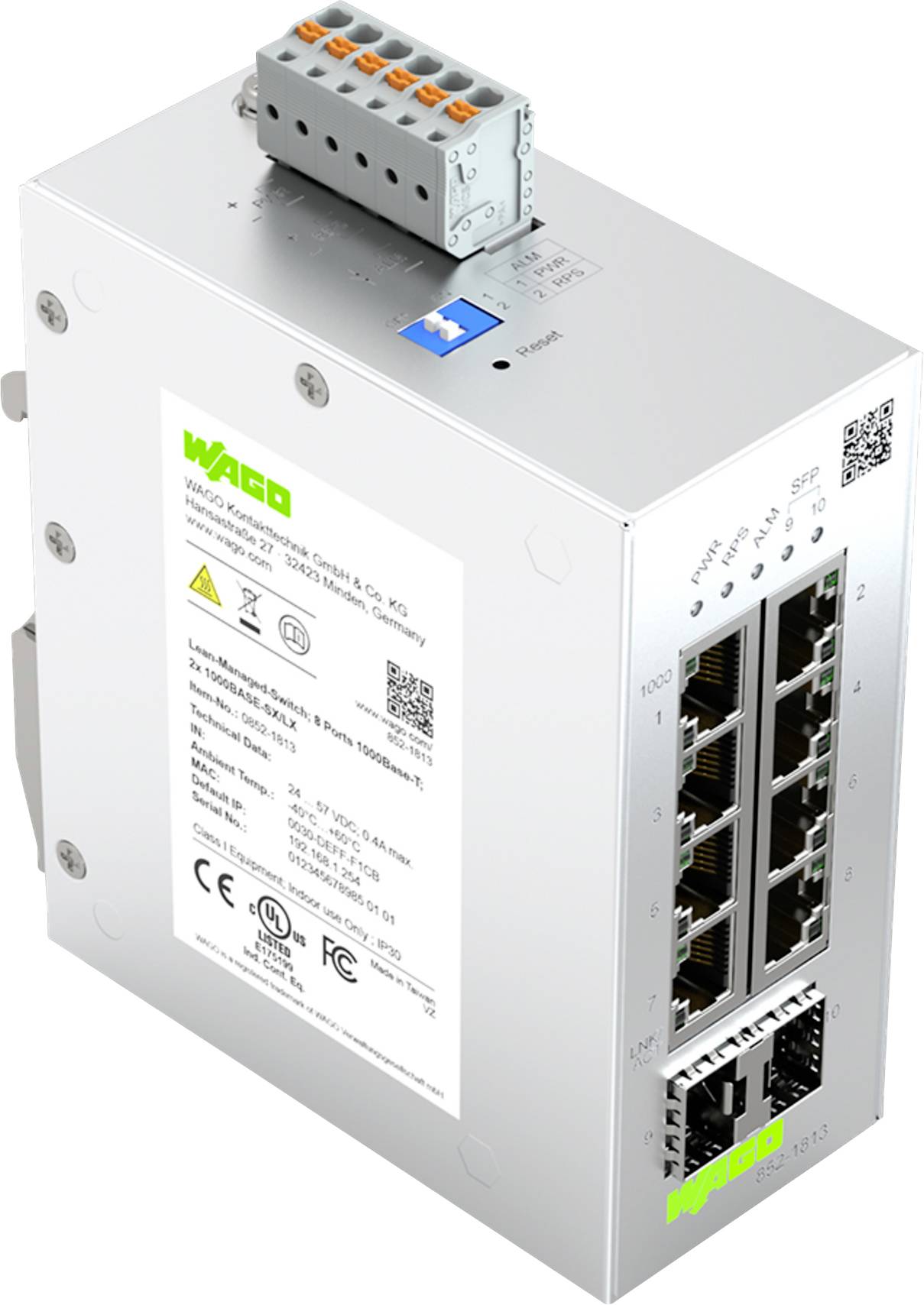 Ein silberner industrieller Netzwerk-Switch mit acht Ethernet-Anschlüssen und einer Beschriftung mit Details zum Modell WAGO 852-303, Eingängen und Sicherheitszertifizierungen.