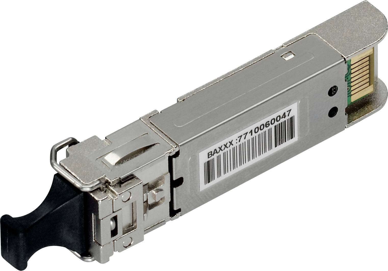 Ein rechteckiges SFP-Modul mit Metallgehäuse, Barcode und Steckverbindern, das für die Netzwerkkommunikation verwendet wird.