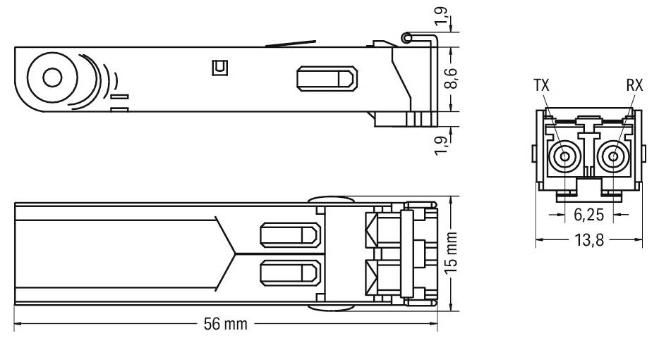 Technische Zeichnung eines rechteckigen elektronischen Bauteils mit Abmessungen. Die Seitenansicht ist 56 mm lang und 8,6 mm hoch; die Vorderansicht ist 15 mm breit. Anschlussanschlüsse sind mit „TX