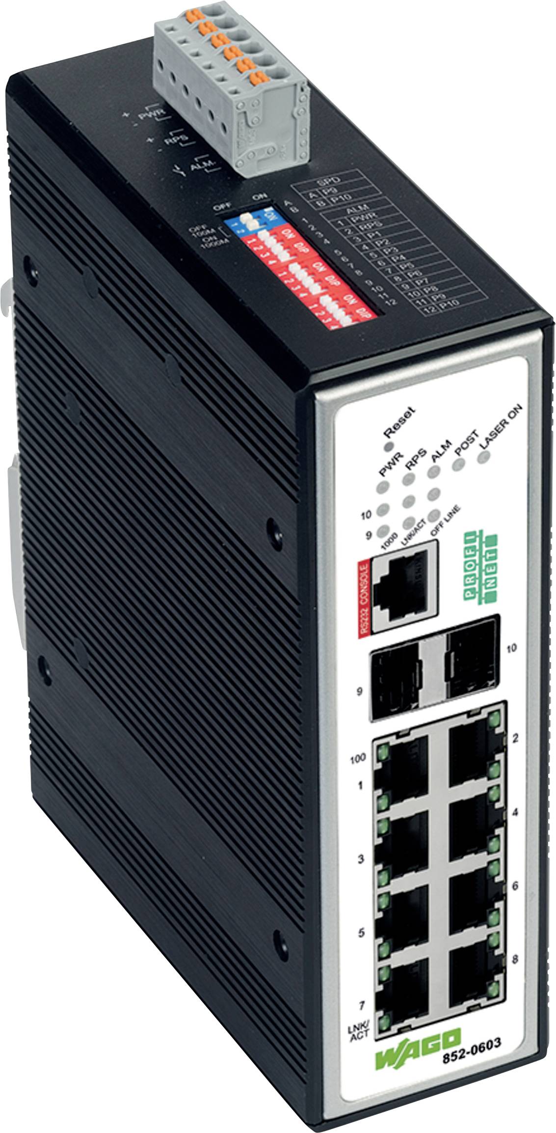 Industrial-Ethernet-Schalter mit mehreren Netzwerkports, gekennzeichnet für Stromversorgungs- und Datenverbindungen, konzipiert für robuste industrielle Anwendungen.