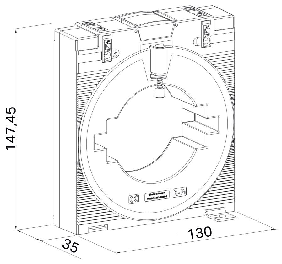 Technische Zeichnung eines kreisförmigen Geräts mit einer Durchmesseröffnung von 130mm, Höhe 147,45mm und Tiefe 35mm. Markierungen zeigen CE-Konformität an.