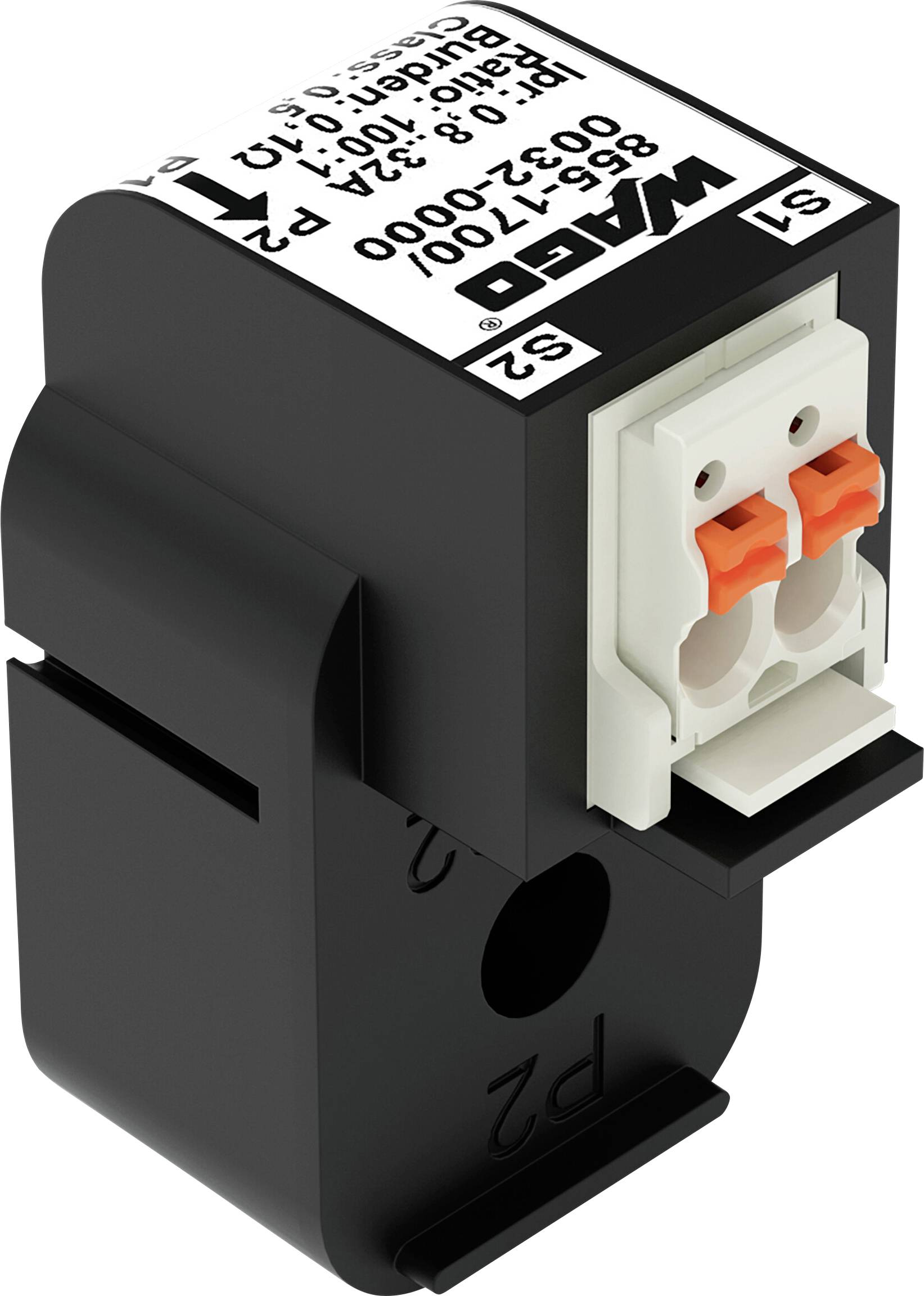 WAGO-Stromwandler, Modell 855-17001, schwarzes Gehäuse mit zwei orangefarbenen Anschlüssen oben, verwendet zur Messung von elektrischen Strömen.