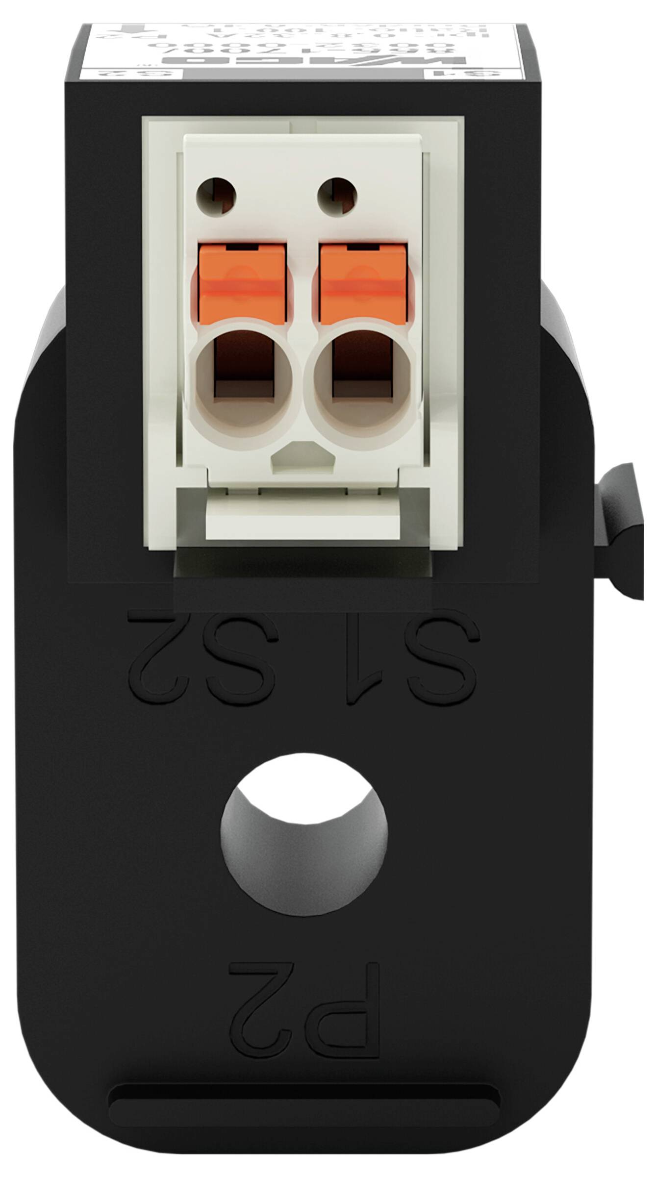 Eine schwarze elektrische Komponente mit einem weißen Stecker auf der Oberseite, der zwei orangefarbene Klammern aufweist, konzipiert für Verkabelungs- und Installationszwecke.