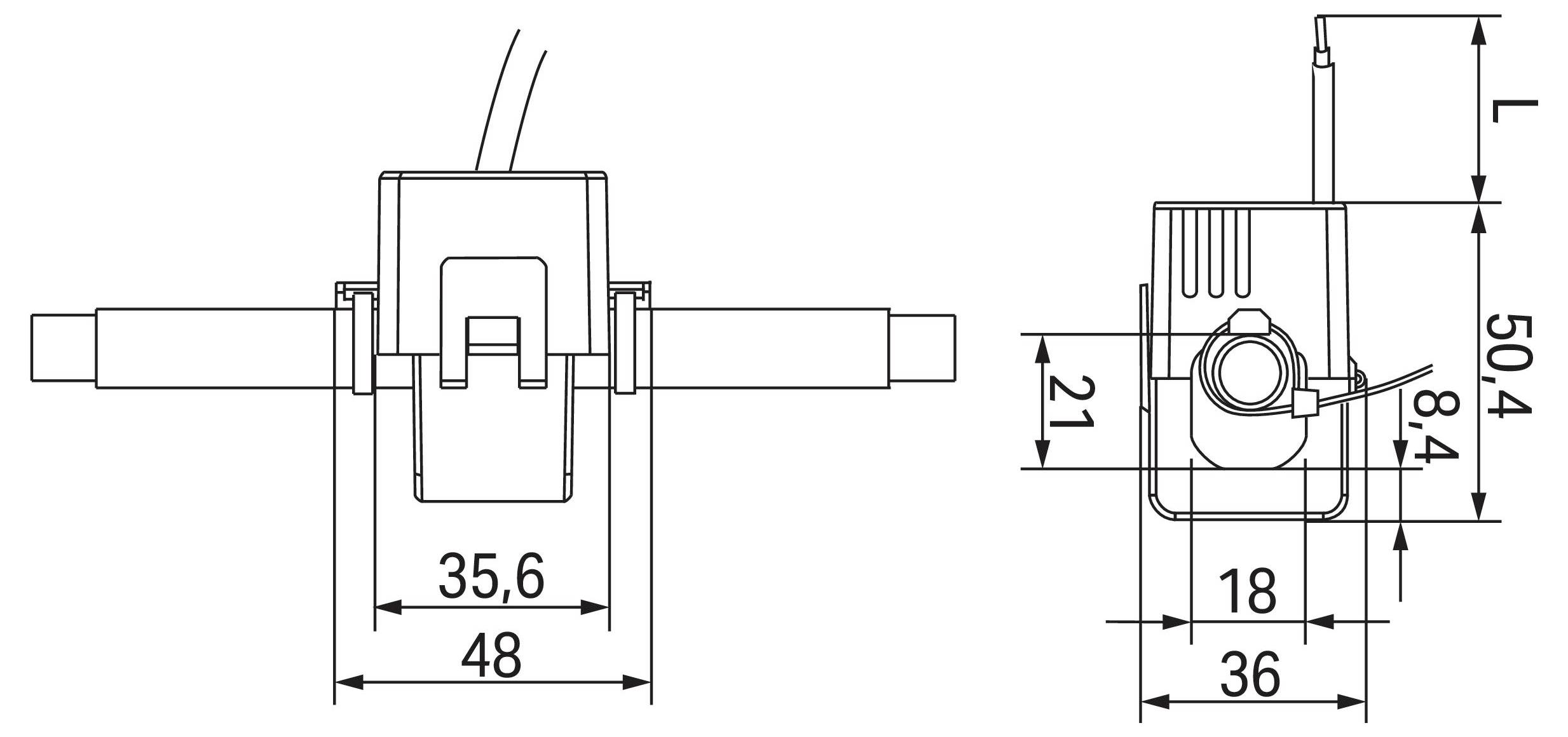 Technische Zeichnung eines Geräts mit Abmessungen: Breite 36 mm, Höhe 50,4 mm, Tiefe 35,6 mm. Vorder- und Seitenansichten dargestellt.