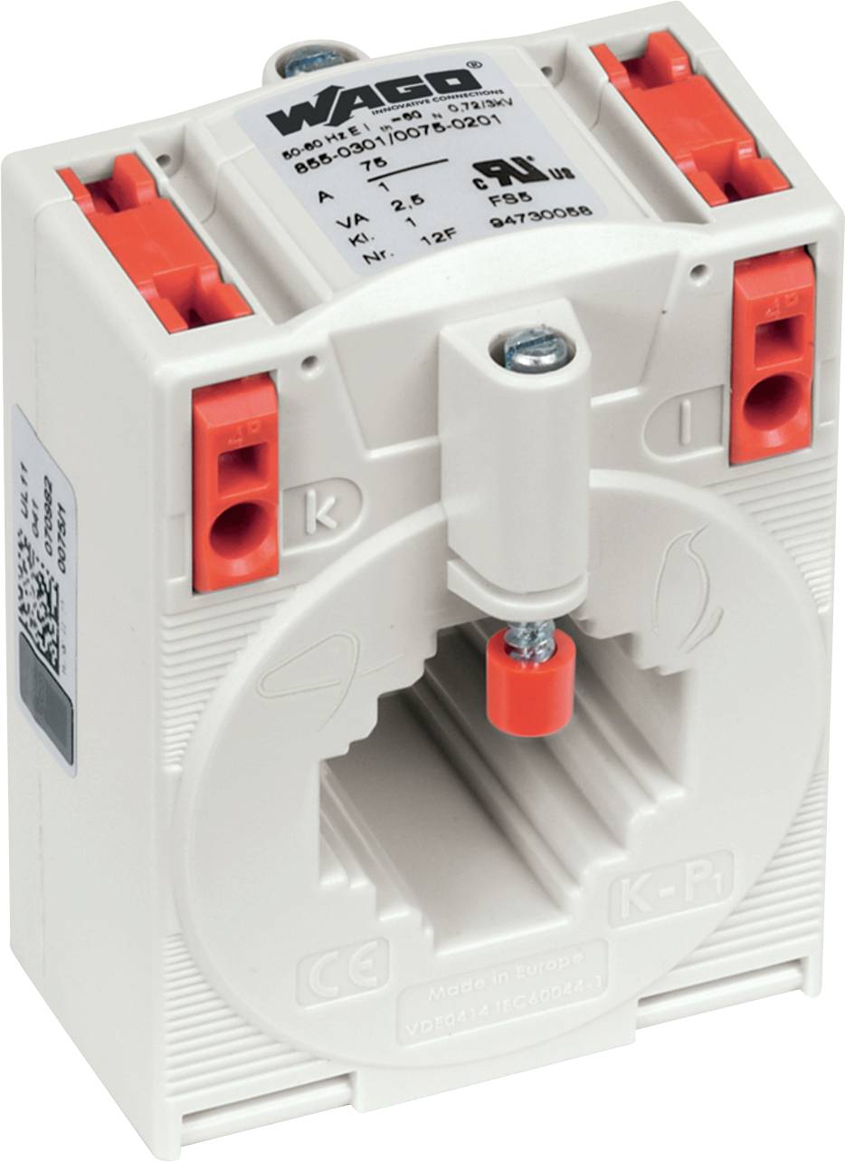 Ein weißer Wago-Stromsensor mit roten Anschlüssen, der die Verbindungspunkte und Produktetiketten zeigt. Geeignet für elektrische Überwachungsanwendungen.