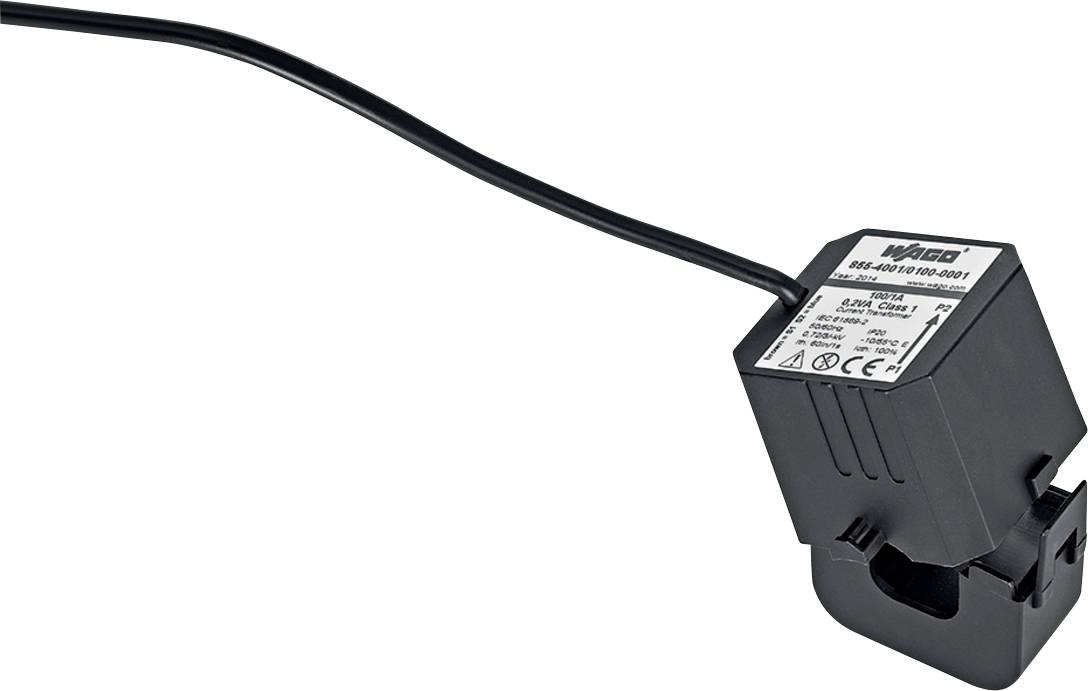 Ein schwarzer Wago-Stromwandler zur Energieüberwachung mit Klemme und Kabel. Er hat Spezifikationen auf einem Etikett aufgedruckt.