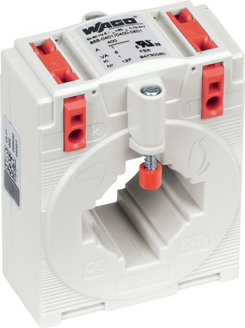 WAGO 855 Stromwandler, 200 A/1 A, konzipiert zur Energieüberwachung, mit weißem Gehäuse und roten Anschllussklemmen.