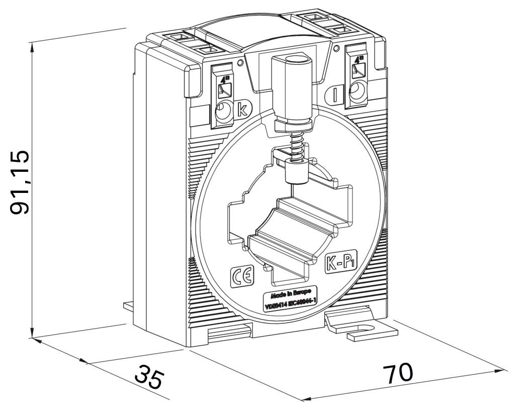 Diagramm einer elektronischen Komponente mit zwei Ansichten und Abmessungen: 27,5x35,6x6,5 mm und 21,2 mm Breite.