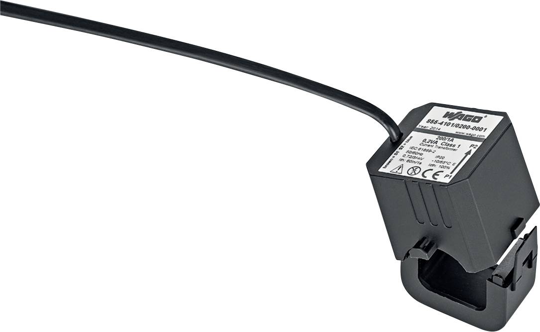 Stromwandler-Zangenmesser mit angebrachtem Kabel, beschriftet mit Spezifikationen, wird zur Messung des elektrischen Stroms in einem Stromkreis verwendet.