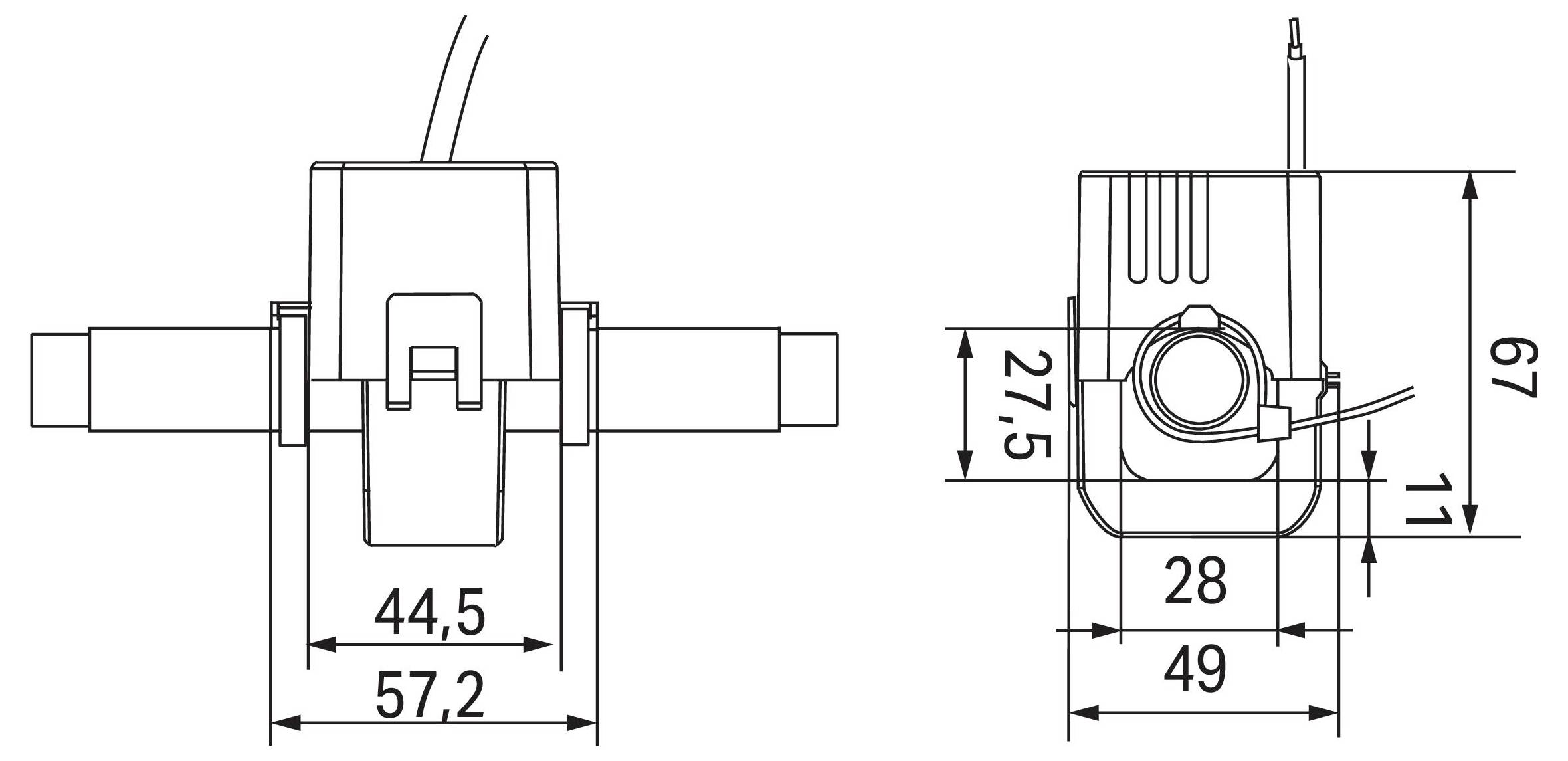 Technisches Diagramm einer Pumpe mit Vorder- und Seitenansicht. Die Abmessungen umfassen Breite 57,2 mm, Höhe 67 mm und Tiefe 49 mm.