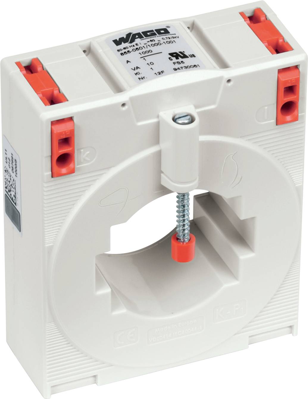 Ein weißer Stromwandler mit roten Anschlüssen und einer kreisförmigen Öffnung in der Mitte. Ein gekennzeichnetes Gerät, das zur Strommessung verwendet wird.