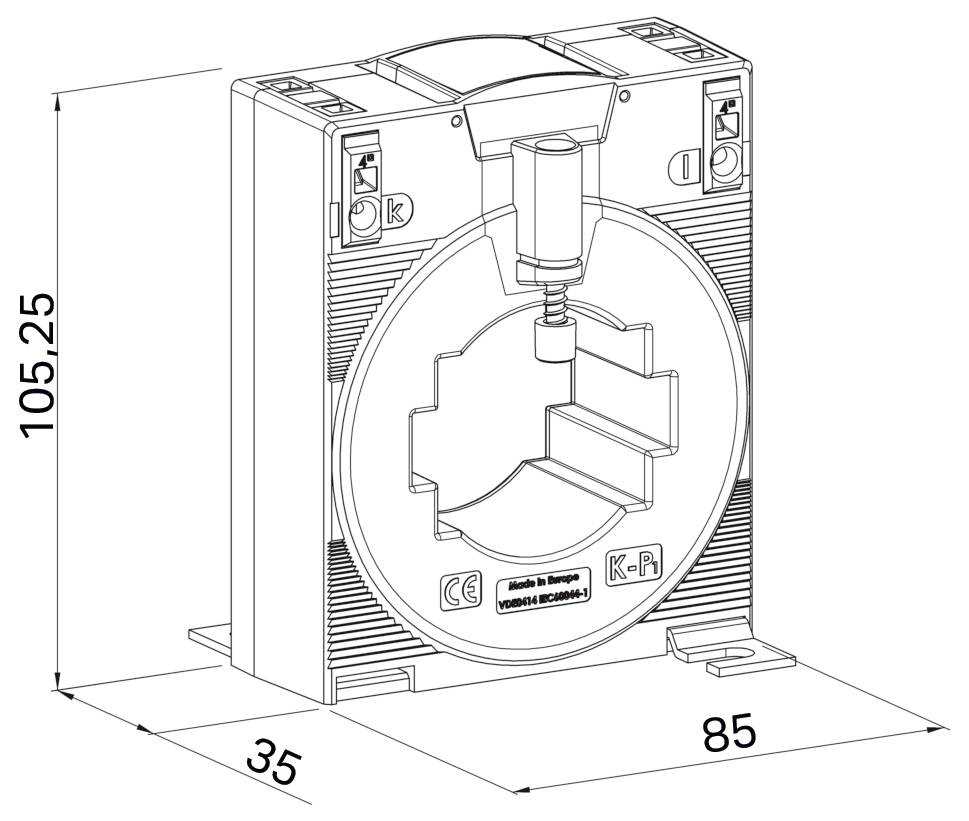 Diagramm eines Stromwandlers mit Abmessungen: Höhe 105,25 mm, Tiefe 35 mm und Breite 85 mm. Gekennzeichnet mit „Made in Europe