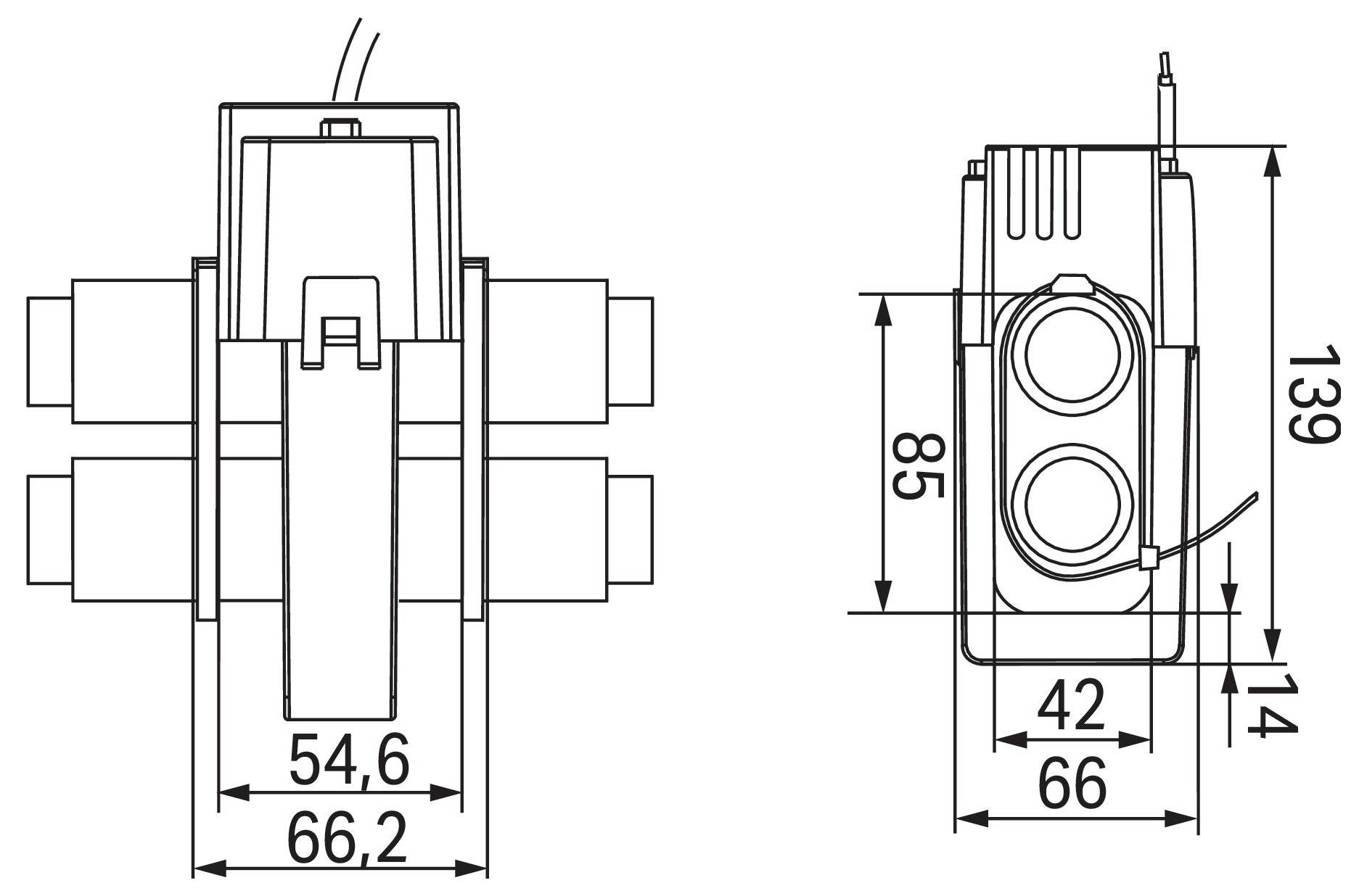 „Technische Zeichnung eines Ventils mit zwei Ansichten. Vorderansicht Abmessungen: Breite 66,2 mm, Höhe 54,6 mm. Seitenansicht Abmessungen: Breite 42 mm, Höhe 139 mm.