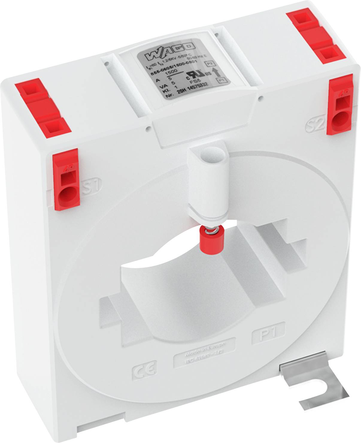 Ein weißer, quadratischer Stromwandler mit roten Anschlüssen und einer kreisförmigen Öffnung in der Mitte, gekennzeichnet mit Markierungen und Zertifizierungen.