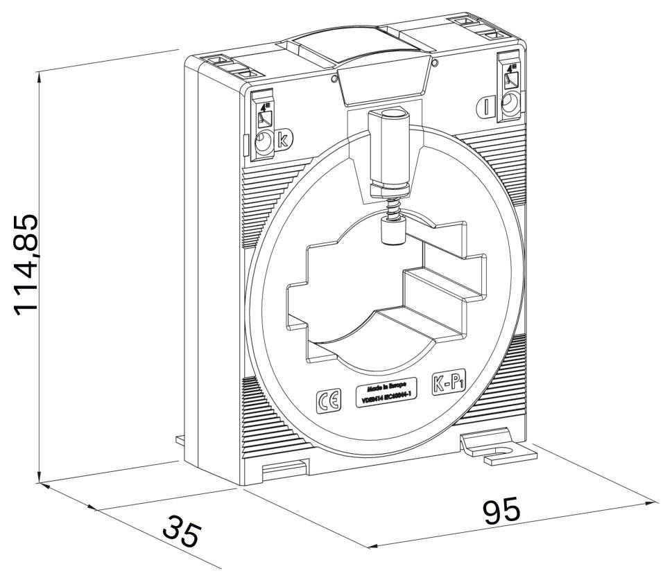 „Schaltplan eines Elektrotransformators; Abmessungen: Höhe 114,85 mm, Breite 35 mm, Tiefe 95 mm; gekennzeichnet mit „CE