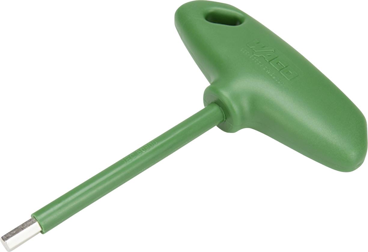 Grüner T-Griff-Innensechskantschlüssel mit langem Schaft, häufig zum Drehen von Schrauben mit Sechskantlöchern verwendet.