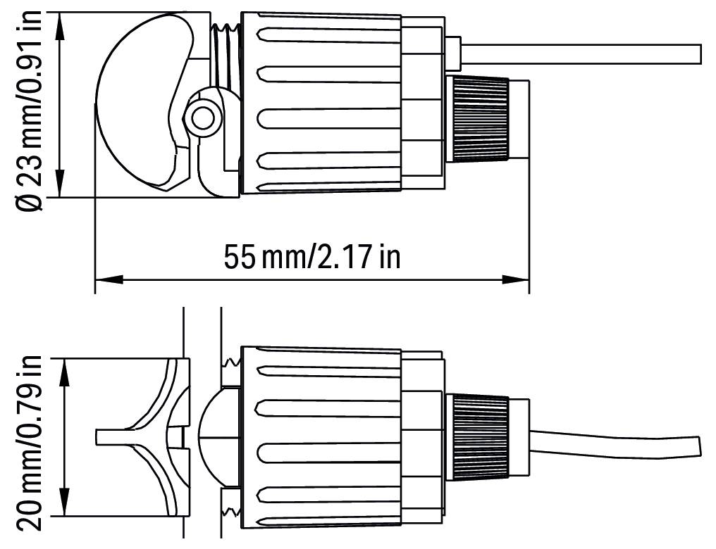 Technische Zeichnung zeigt Vorder- und Seitenansicht einer mechanischen Komponente mit Abmessungen in Millimetern gekennzeichnet.
