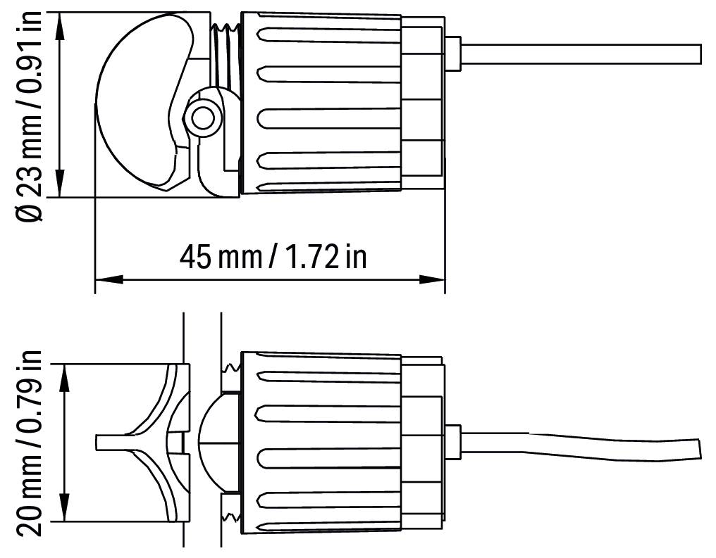 Eine technische Zeichnung eines mechanischen Bauteils mit Abmessungen: 45 mm Länge, 23 mm Durchmesser und eine zusätzliche Höhe von 20 mm.