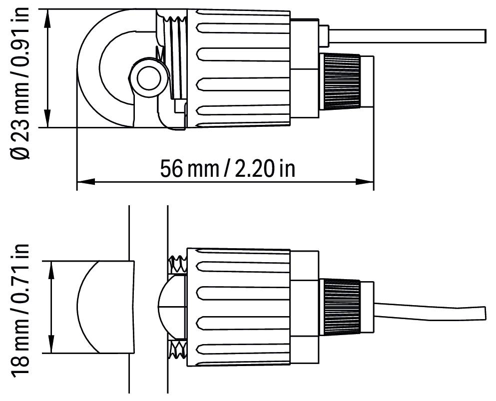 Technisches Diagramm eines zylindrischen Sensors mit Abmessungen: 56 mm Länge, 23 mm Breite. Draufsicht und Seitenansicht enthalten.