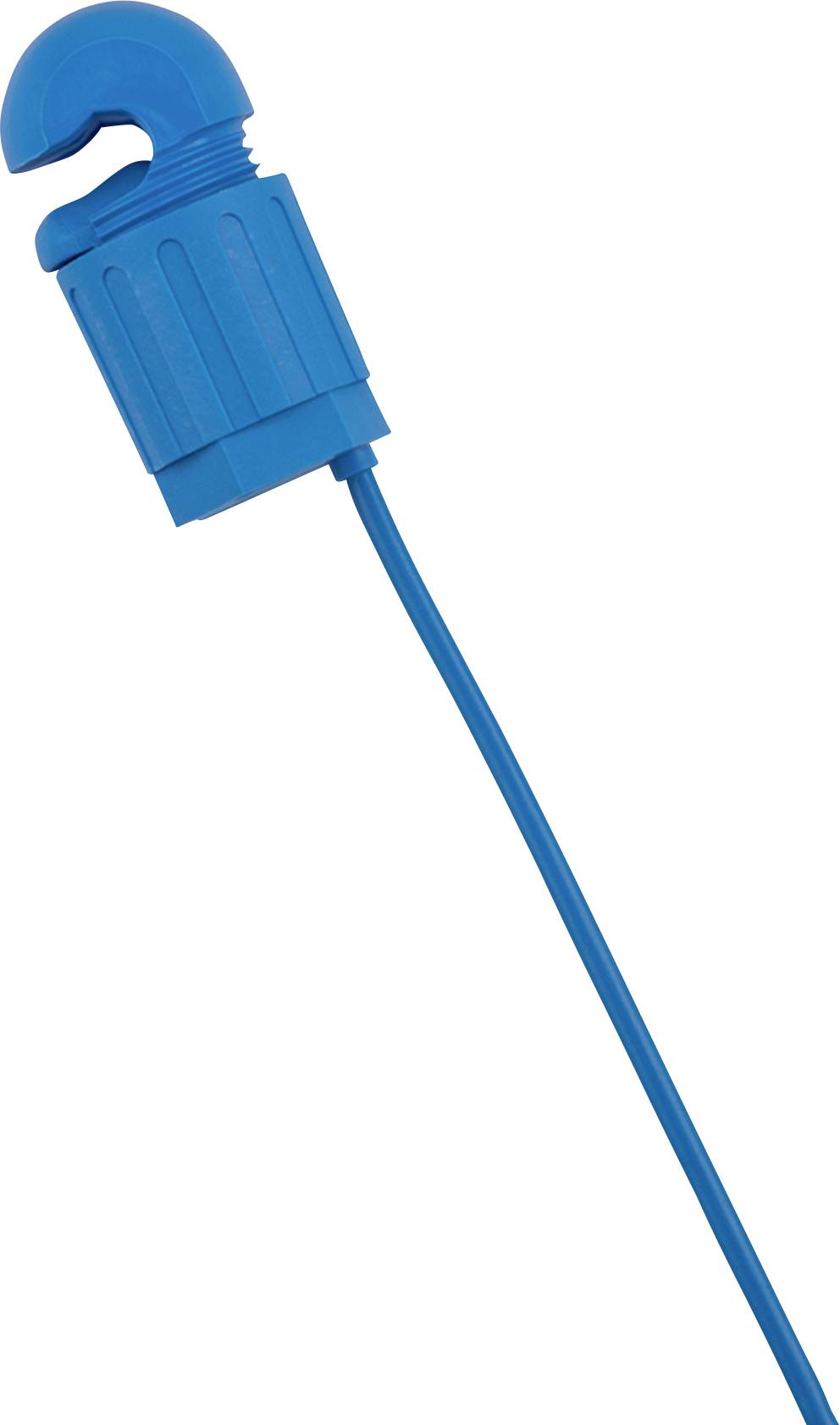 Ein blaues Kunststoffgerät mit einem langen Kabel, das an einem Ende eine hakenförmige Öffnung und einen gerippten Griff aufweist.