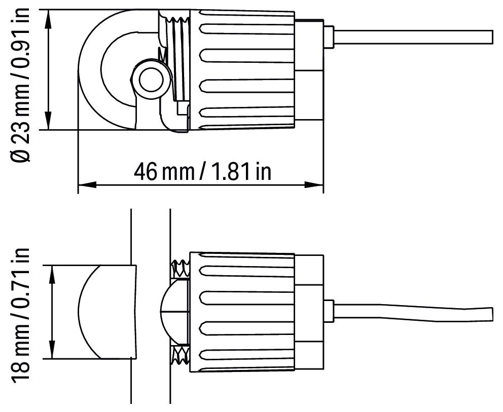 Technische Zeichnung einer zylindrischen Komponente mit Maßangaben: 46 mm Länge, 23 mm Durchmesser, 18 mm Höhe; Draht an einem Ende.