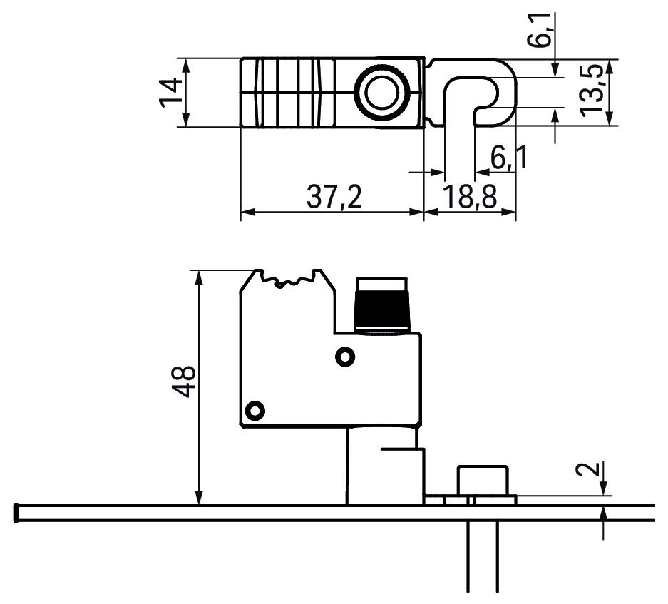 Technische Zeichnung eines mechanischen Bauteils mit detaillierten Maßen. Die Abmessungen umfassen 14, 48, 37,2, 18,8, 6,1, 13,5 und 2 Einheiten.