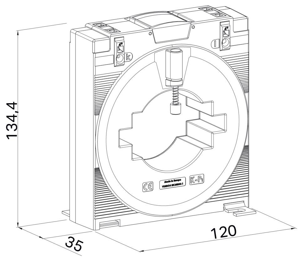 Strichzeichnung eines Maschinenteils im industriellen Stil mit Abmessungen: 134,4 hoch, 120 breit und 35 tief. Enthält eine kreisförmige zentrale Öffnung und beschriftete Komponenten.