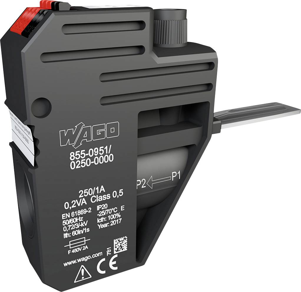 WAGO-Stromwandler, Modell 855-0951/0250-0000, Nennleistung 250/1A, 0,2VA Klasse 0,5, schwarz mit aufgedruckten technischen Spezifikationen.