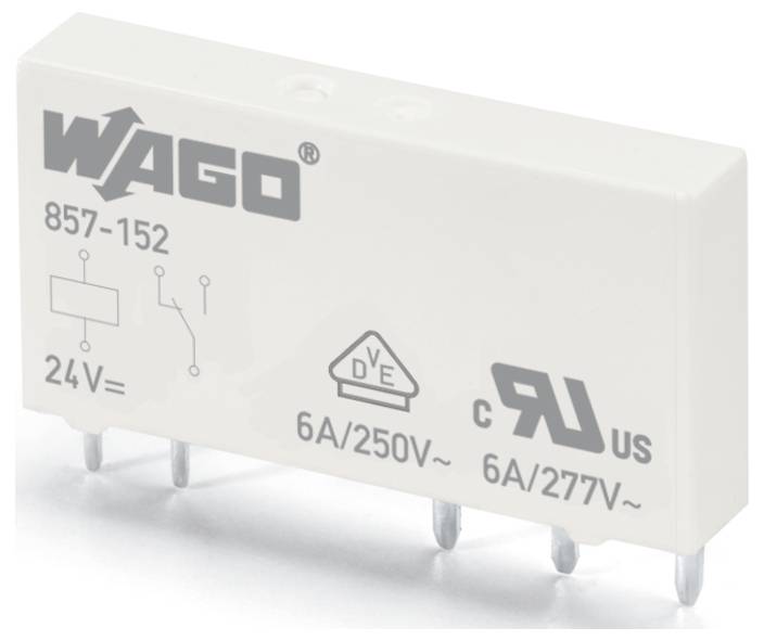'WAGO 857-152 relay, 24V, 6A/250V~, 6A/277V~' printed on white casing with symbol markings, featuring metal pins for connection.