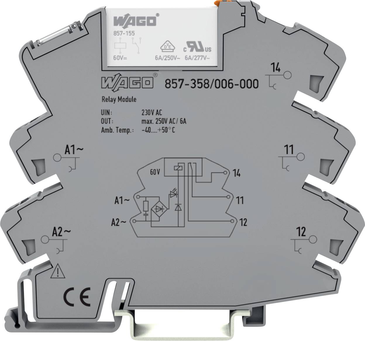 Ein graues WAGO-Relaismodul mit der Bezeichnung '857-358/006-000', konstruiert für 230V AC, 6A. Es verfügt über mehrere Anschlussverbindungen und Spezifikationen.