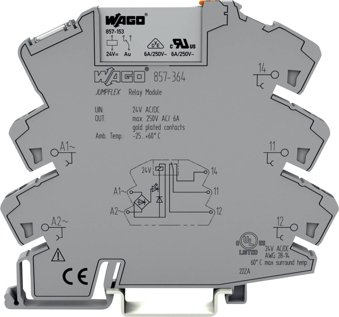Ein graues Relaismodul mit der Bezeichnung „WAGO 857-364
