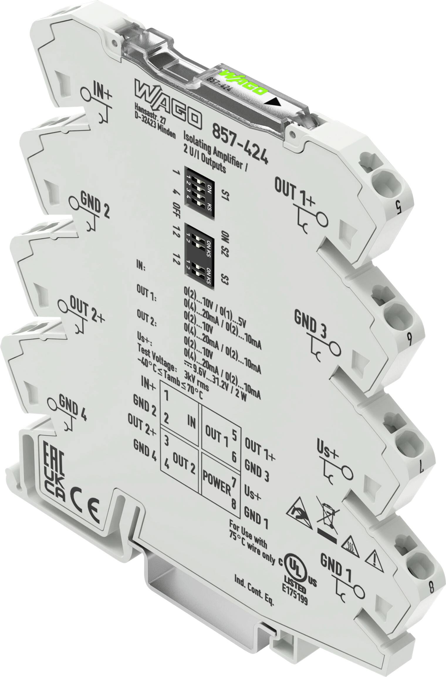 'WAGO 857-424 Isolationsverstärker', kompaktes graues Modul für elektrotechnische Anwendungen, mit mehreren beschrifteten Ein-/Ausgangsklemmen.