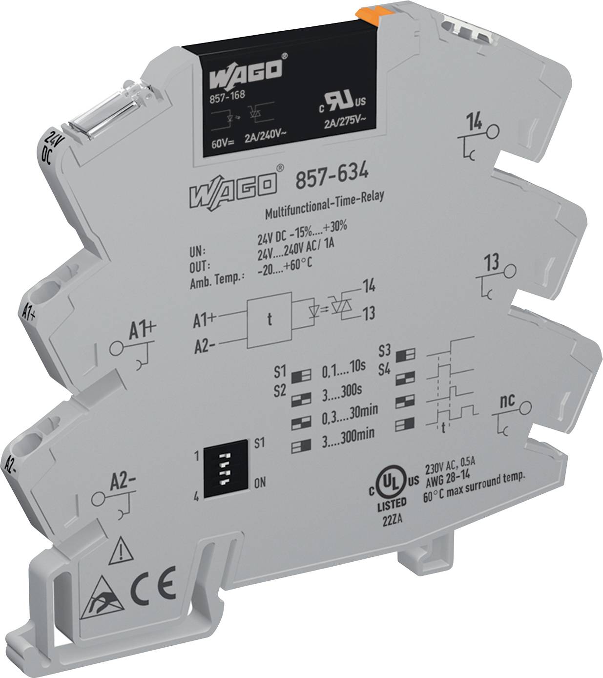 Ein multifunktionales Zeitrelais von WAGO, Modell 857-634, mit 24V DC und 24-240V AC Eingängen. Das Gerät ist UL gelistet und verfügt über ein Schaltschema auf der Vorderseite.
