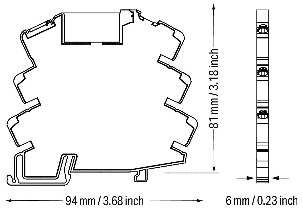 Technisches Diagramm mit Querschnitt eines Objekts mit Abmessungen: 94 mm Breite, 81 mm Höhe und 6 mm Tiefe.