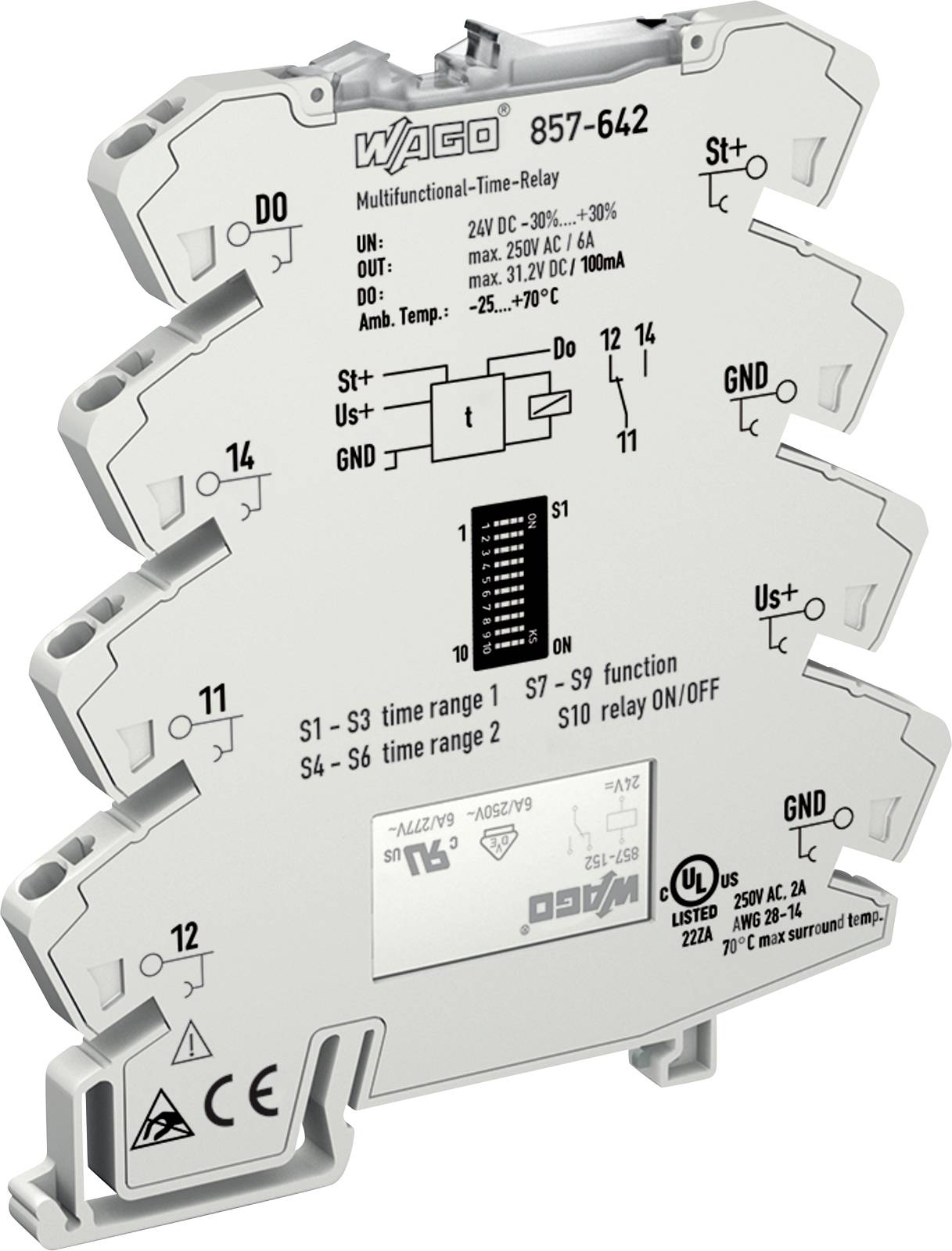 Multifunktionales Zeitrelaismodul mit Modellnummer 857-642, umfasst Anschlussmeßpunkte und Spezifikationen für verschiedene elektrische Einstellungen.