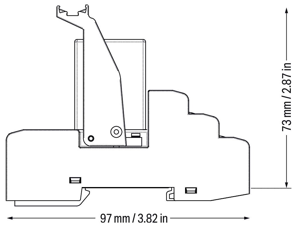 Seitenansicht eines Objekts mit komplexer Form mit den Abmessungen: 97 mm (3,82 Zoll) Breite und 73 mm (2,87 Zoll) Höhe.
