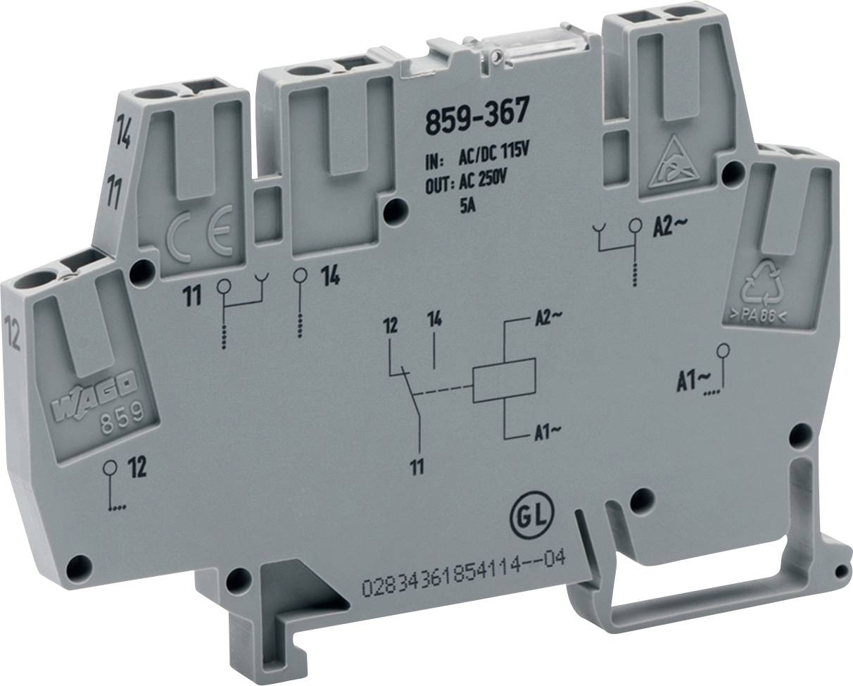 Relaismodul 'WAGO 859-367' mit gekennzeichneten Schaltzeichen und Spezifikationen: 115V AC/DC-Eingang, 250V AC-Ausgang, 5A.