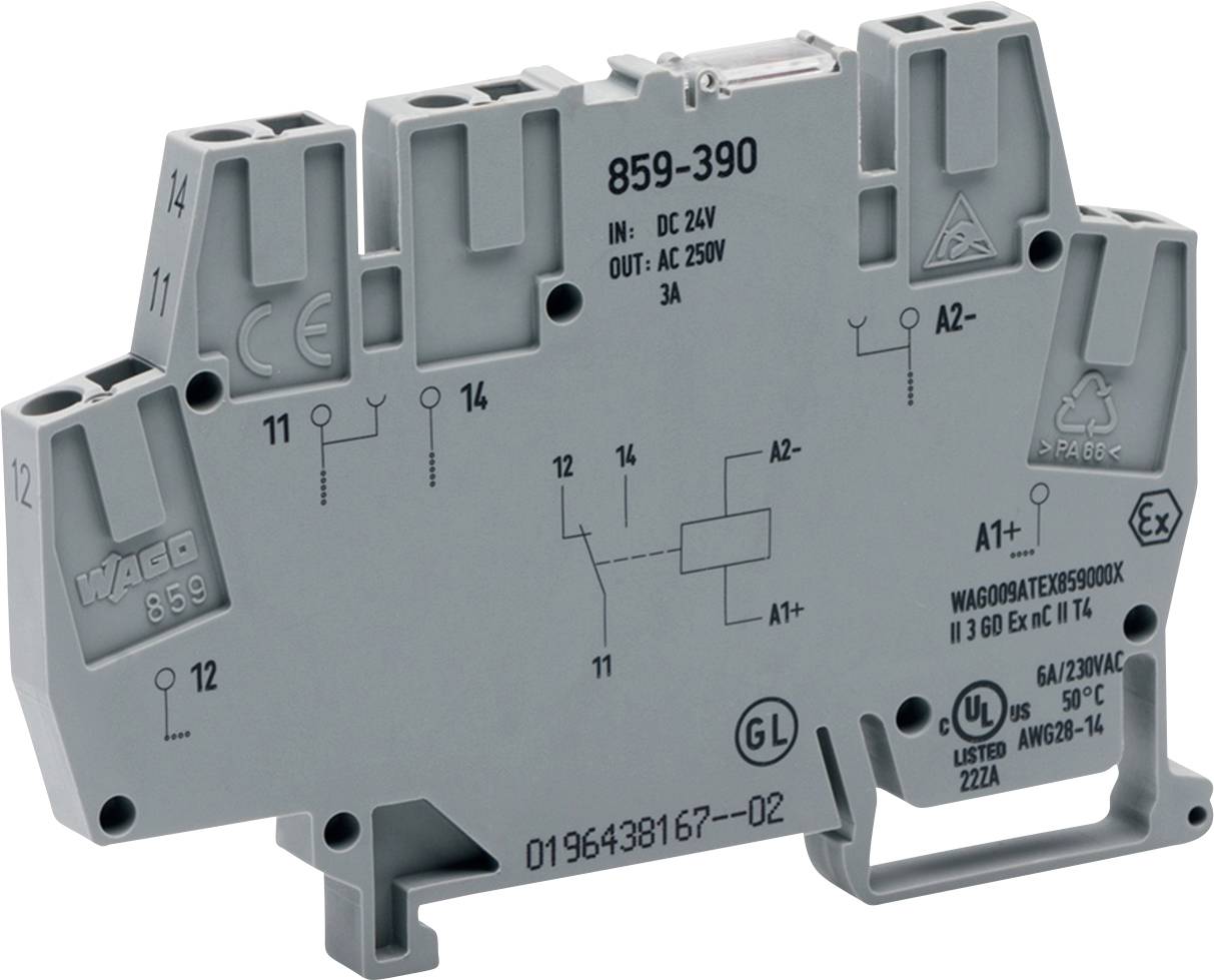 Dies ist ein Wago 859-390 Relaismodul mit angegebenen Spezifikationen für DC 24V Eingang und AC 250V Ausgang bei 3A. Das Modell ist UL gelistet.