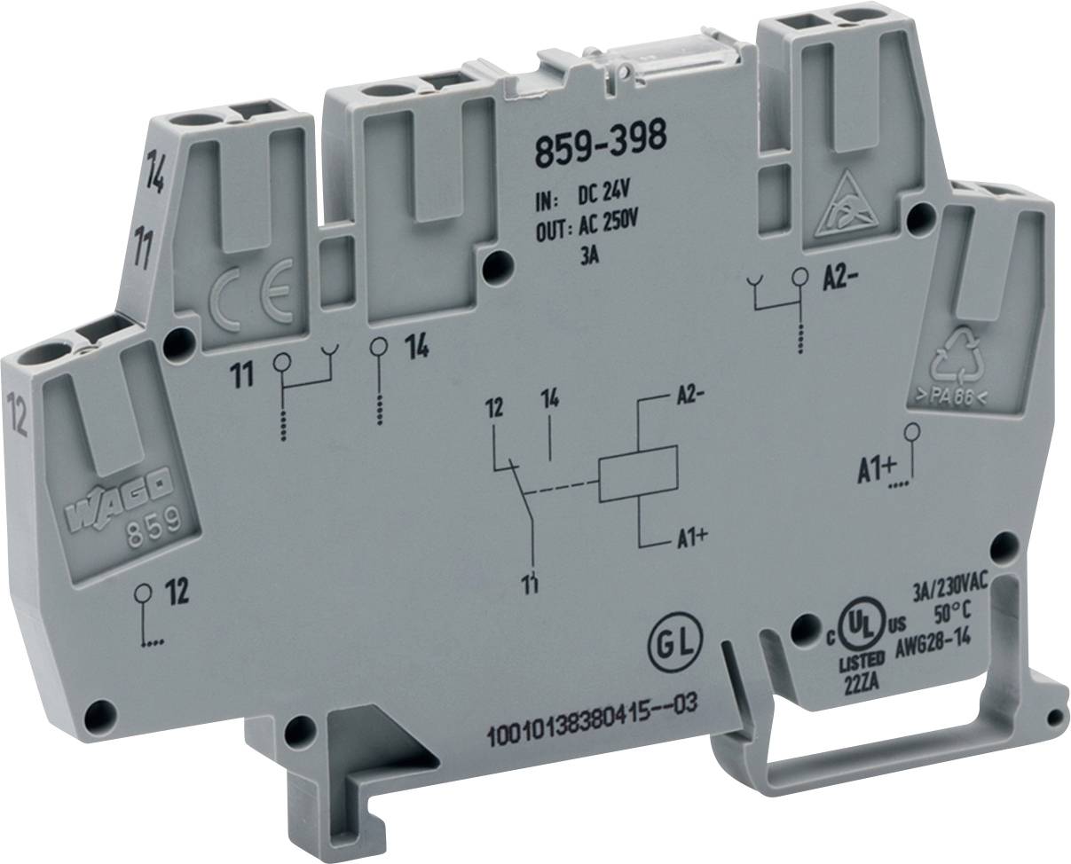 WAGO Relaismodul, Modell 859-398, gekennzeichnet für DC 24V Eingang, AC 250V Ausgang, 3A Strombelastbarkeit; Symbole und Zertifizierungslogos sichtbar.