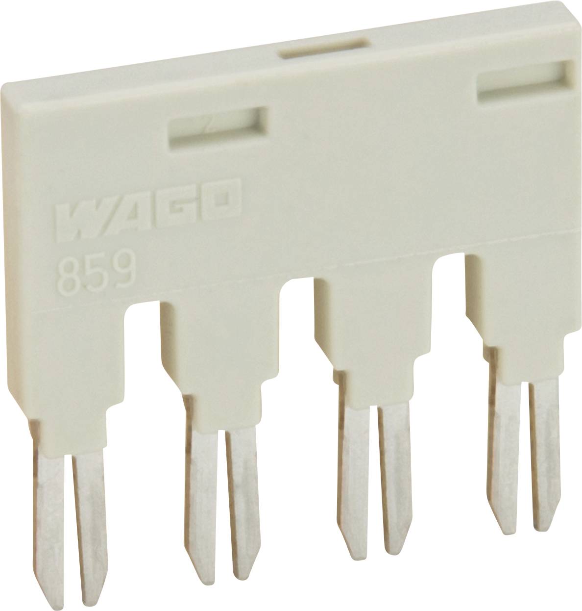Ein beige Wago 859 Steckbrücke mit vier Metallstiften für elektrische Verbindungen.