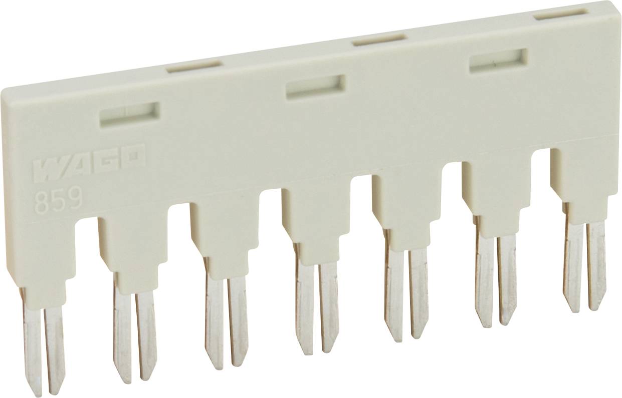 Ein beiger, rechteckiger Elektrostecker mit sieben Metallstiften. Er ist mit „WAGO 859