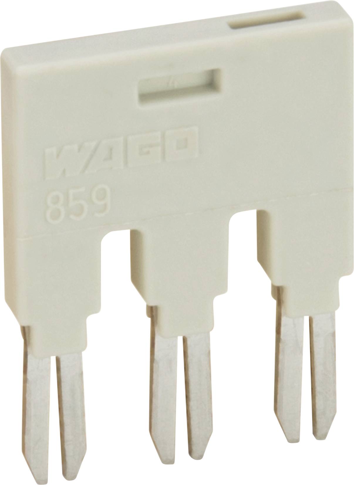 Ein dreipoliger Wago-Stecker mit beigefarbenem Gehäuse, beschriftet mit „859