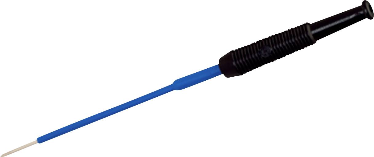 Ein blau und schwarz gestreiftes Kabel mit einer nadelartigen Spitze, möglicherweise zur Verwendung bei elektrischen Tests oder Verbindungen.